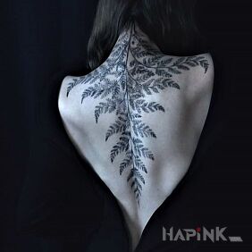 Tattoo Branch with numerous leaves on the nape motif: floral style: realistic