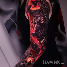 Tattoo Dog with a raven on the upper arm motif: animals style: realistic