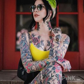 Tattoo Colorful holes of a cool chick on the leg motif: objects style: oldschool
