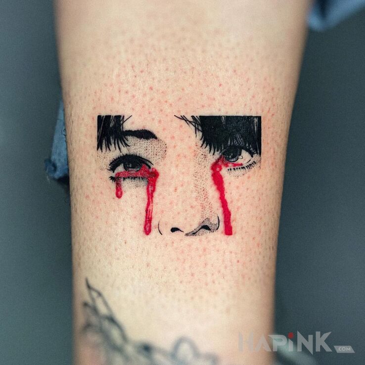 Tattoo Krwawe łzy in black and gray motif and graphic / illustrative style on the leg