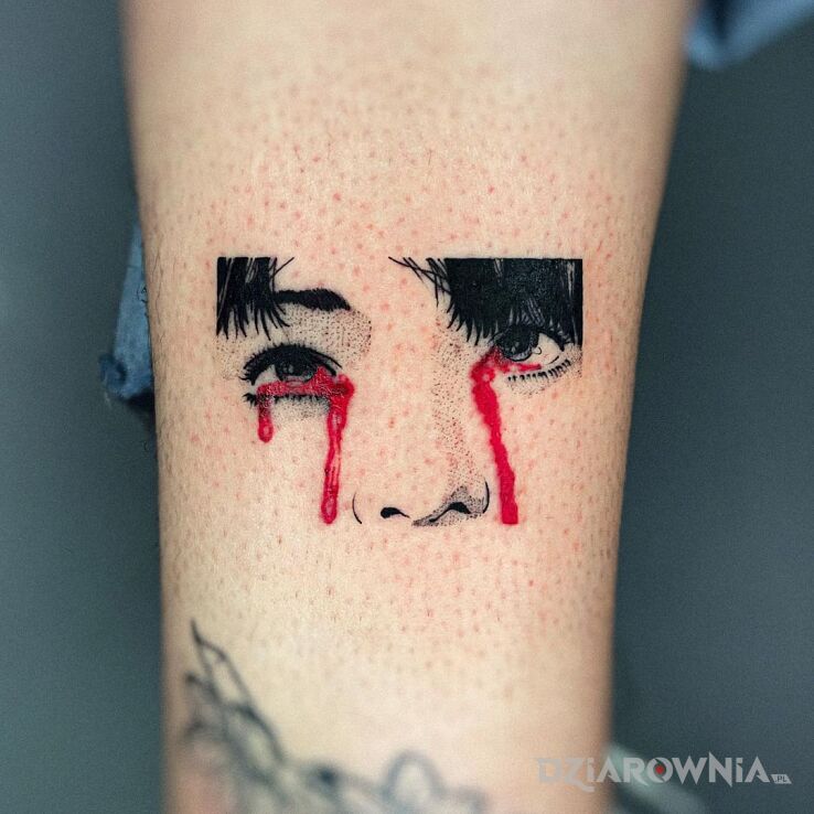 Tatuaż krwawe łzy w motywie twarze i stylu graficzne / ilustracyjne na nodze