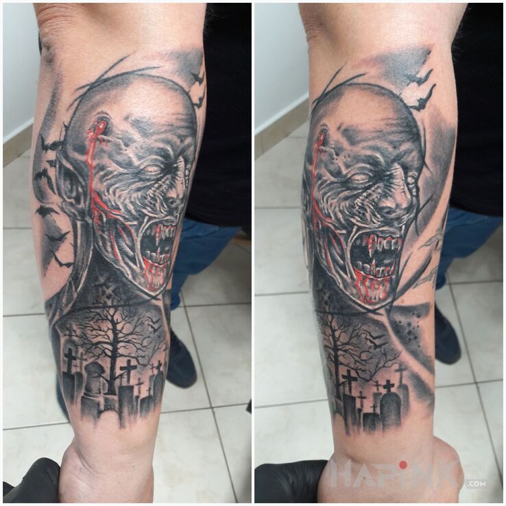 Tattoo Wampir in black and gray motif and realistic style On the arm