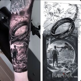 Tattoo Frodo from The Lord of the Rings on the forearm motif: black and gray style: realistic