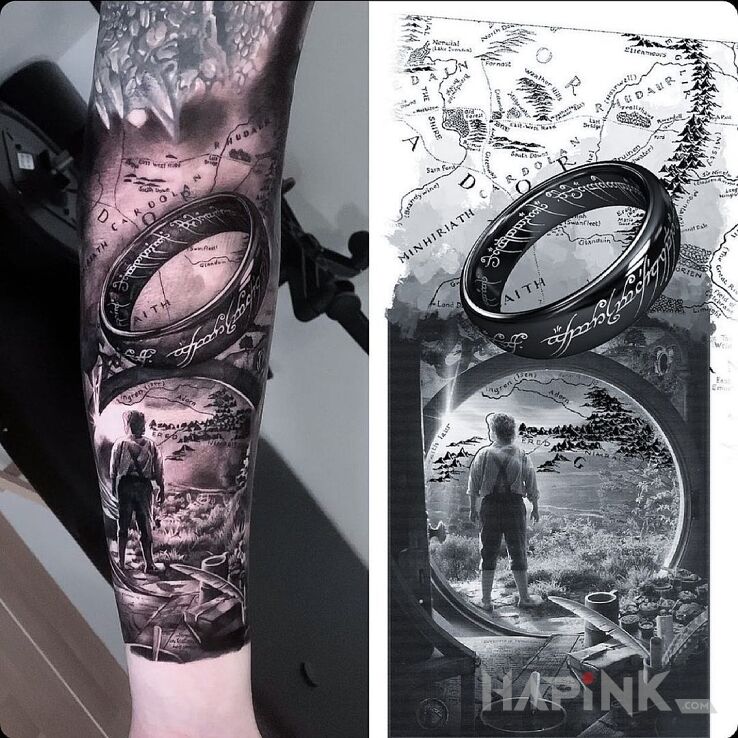 Tattoo Frodo z Władcy Pierścieni in characters motif and realistic style On the arm