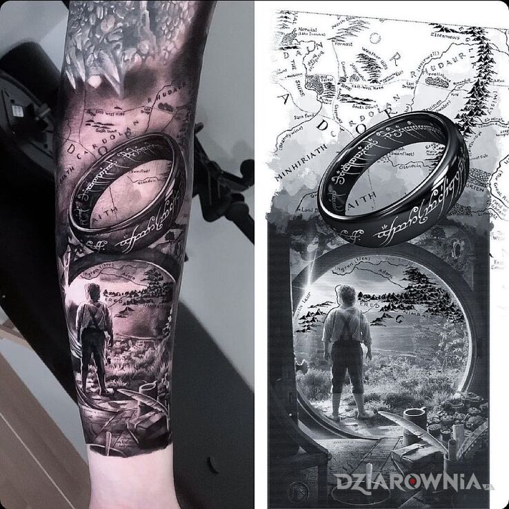 Tatuaż frodo z władcy pierścieni w motywie 3D i stylu realistyczne na przedramieniu