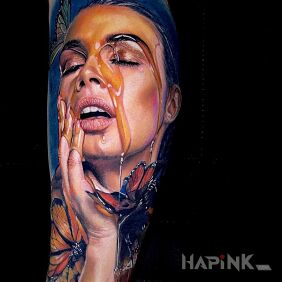 Tattoo Face covered in honey on the forearm motif: faces style: realistic