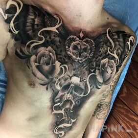 Tattoo Horned owl on the stomach motif: animals