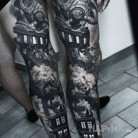 Tattoo Bombs falling on the city on the thigh motif: 3D style: realistic