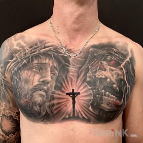 Tattoo Life and death on the chest motif: faces style: realistic