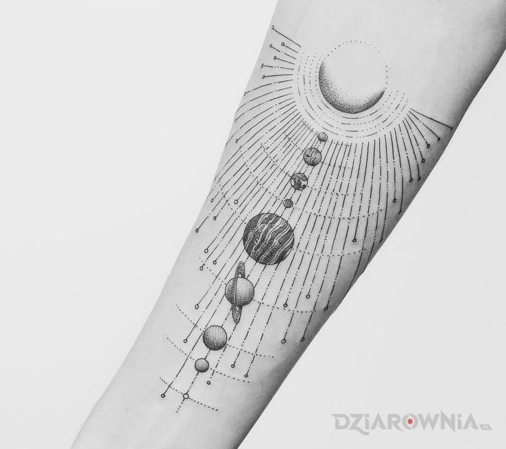 Tatuaż układ słoneczny w motywie kosmos na przedramieniu