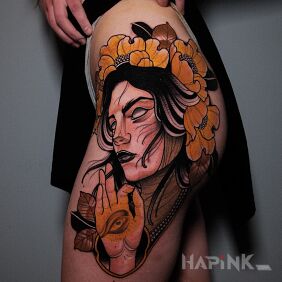 Tattoo Woman / Flowers on the leg motif: colorful style: neo-traditional