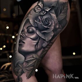 Tattoo Fringe with a flower on the leg motif: faces style: realistic