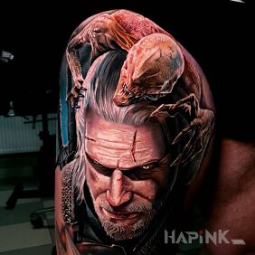 Tattoo Monster Slayer on the thigh motif: characters style: realistic