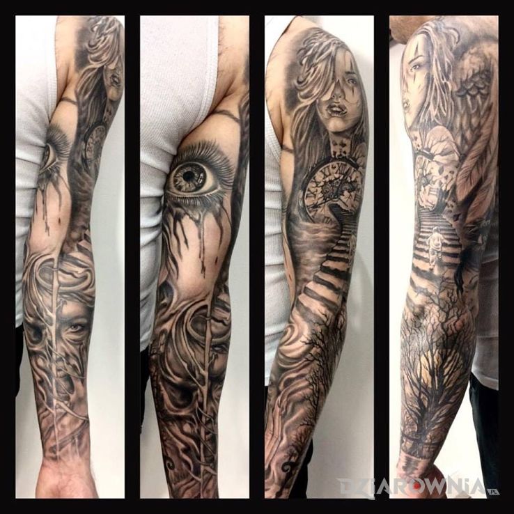 Tatuaż historia w motywie rękawy na ramieniu