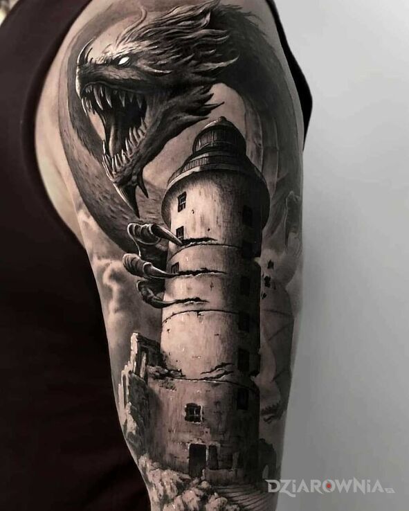 Tatuaż smok z wieży w motywie smoki i stylu realistyczne na ramieniu