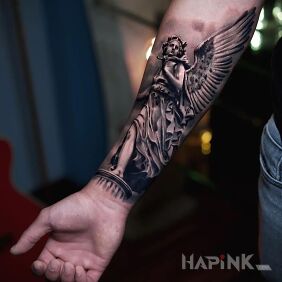 Tattoo Victoria on the forearm motif: characters style: realistic