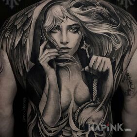 Tattoo Woman with a skull on the back motif: black and gray style: realistic