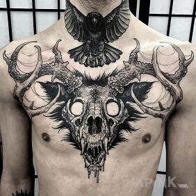Tattoo Skull with gouged out eyes on the neck motif: dark style: graphic / illustrative