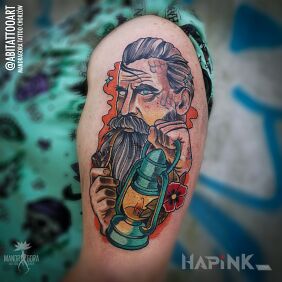 Tattoo Lighthouse keeper on the upper arm motif: objects style: neo-traditional