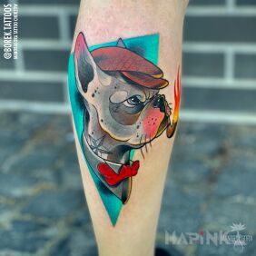 Tattoo Bulldog on the leg motif: colorful style: newschool