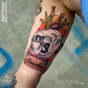 Tattoo Panda on the bicep motif: colorful style: newschool