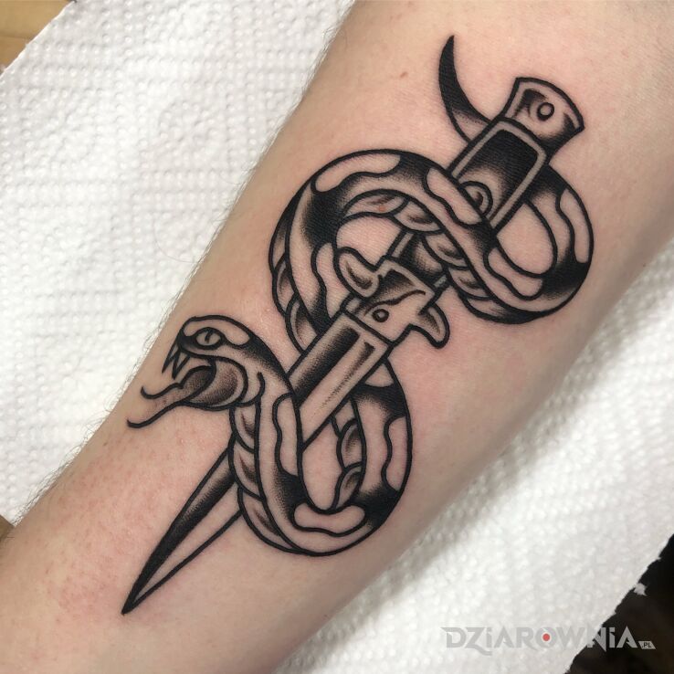 Tatuaż wąż  nóż w motywie czarno-szare i stylu oldschool na przedramieniu