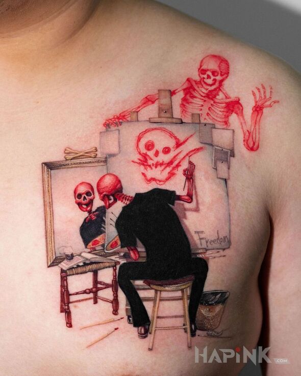 Tattoo Trochę humoru 😋 in skulls motif and realistic style on the chest