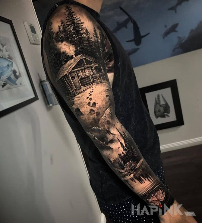 Tattoo Domek w lesie in black and gray motif and realistic style on the forearm