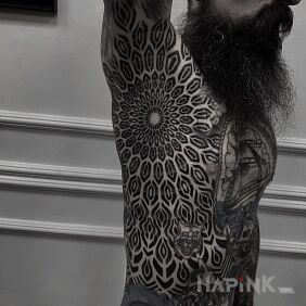 Tattoo Specific mandala without fuss on the chest motif: black and gray style: geometric