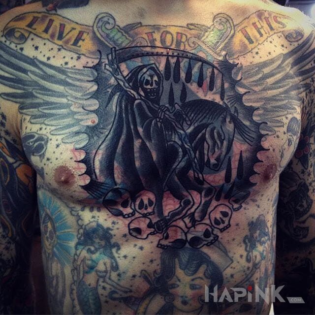 Tattoo Kostucha na kuniu in characters motif and blast over style on the chest