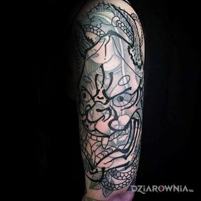 Tatuaż Łeb japońskiego demona na ramieniu motyw: twarze styl: blast over