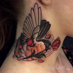 Tattoo Sparrow on the neck motif: animals style: neo-traditional