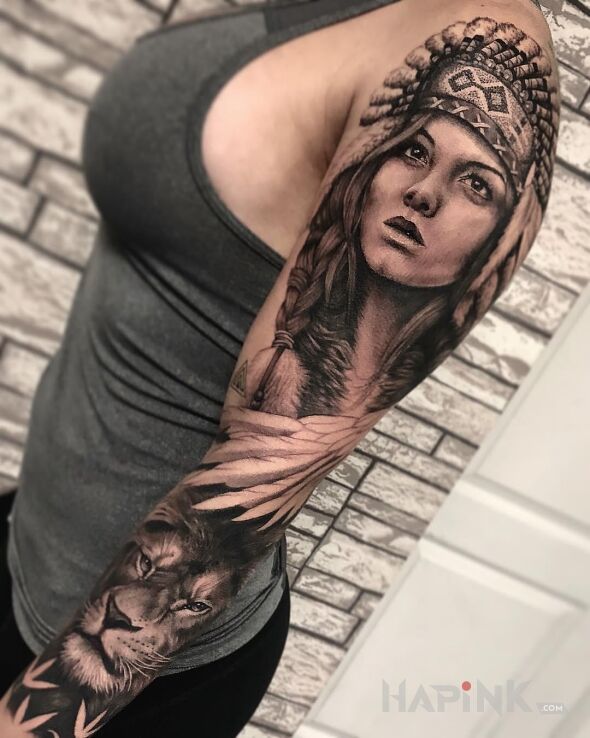 Tattoo Indian girl in sleeves motif and realistic style on the upper arm