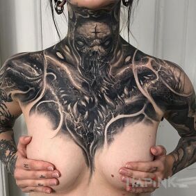 Tattoo Ravenous Maw on the throat motif: black and gray style: organic