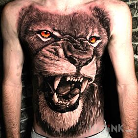 Tattoo Giant lion on the chest motif: 3D style: realistic