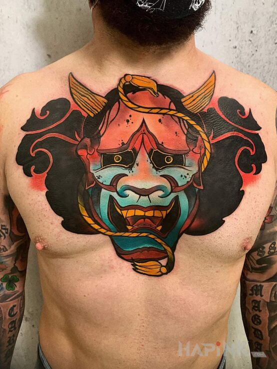 Tattoo Na grubo :) By Kosa in faces motif and neo-traditional style on the chest
