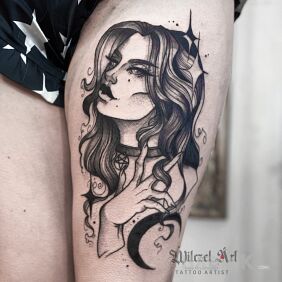 Tattoo Yennefer of Vengerberg / The Witcher on the thigh motif: characters style: graphic / illustrative
