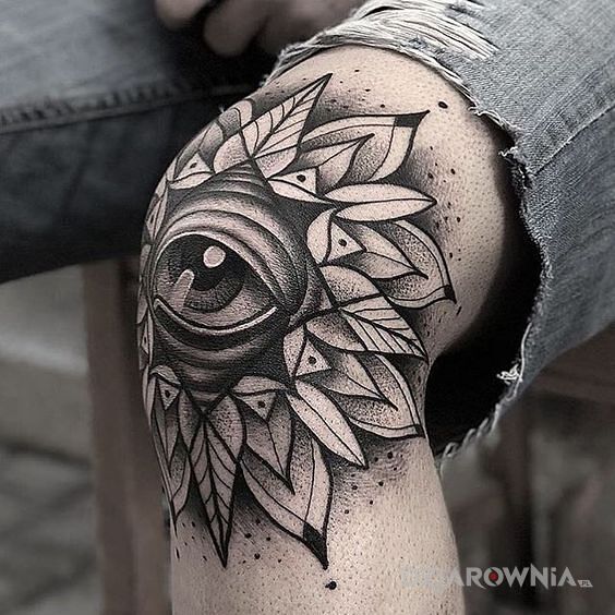 Tatuaż oczko w motywie czarno-szare i stylu graficzne / ilustracyjne na kolanie