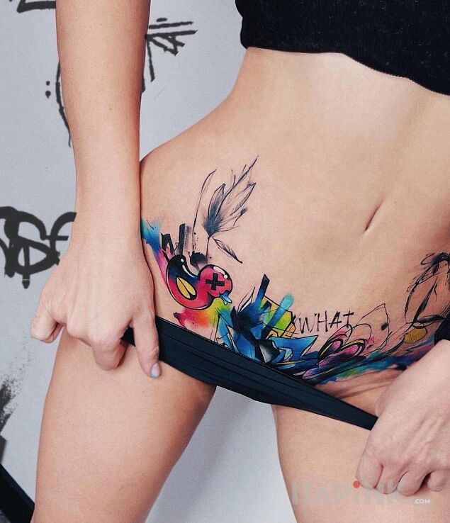Tattoo Kaczuszka in colorful motif and Watercolor style on the stomach