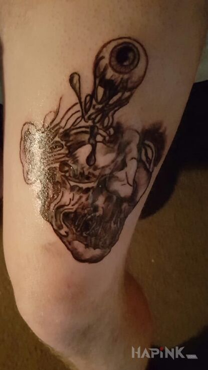 Tattoo See no evil hear no evil speak no evil in faces motif on the leg
