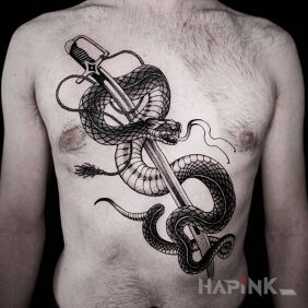 Tattoo Saber / Snake on the chest motif: black and gray style: dotwork
