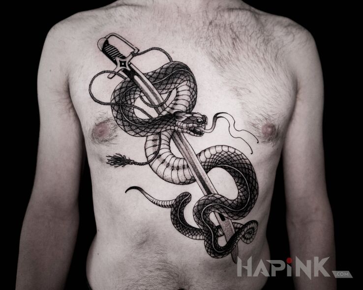 Tattoo Szabla / Wąż in objects motif and graphic / illustrative style on the stomach
