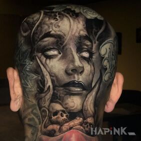Tattoo Demon woman on the head motif: faces style: realistic