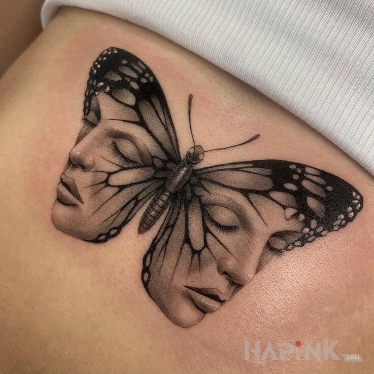 Tattoo Twarzowy ten motyl 😄 in faces motif and realistic style on the stomach