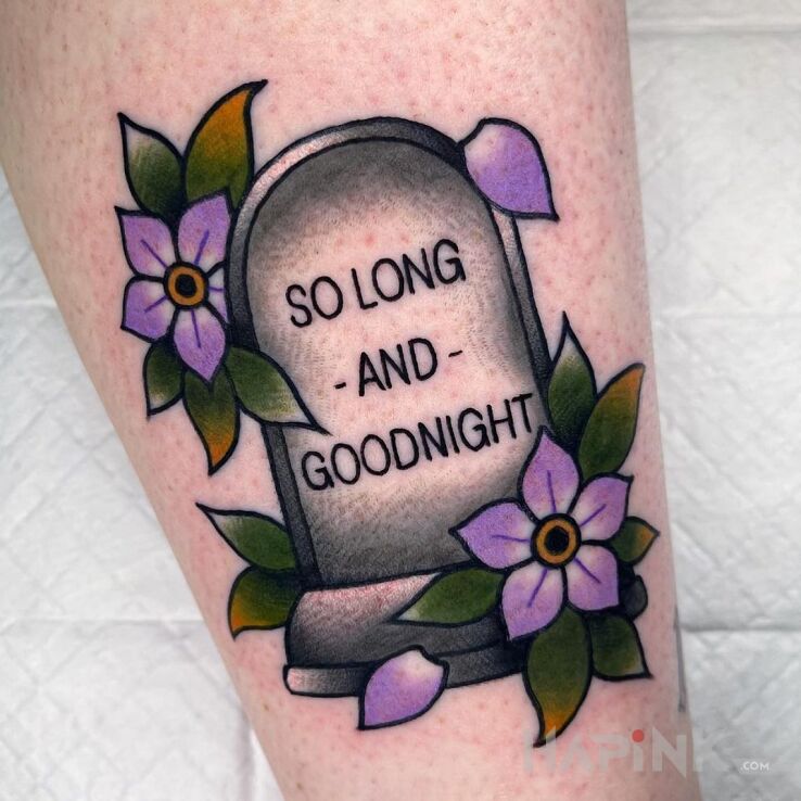 Tattoo Tak długo i dobranoc in flowers motif and graphic / illustrative style on the forearm