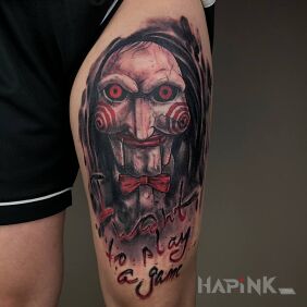 Tattoo I want to play a game on the thigh motif: colorful style: realistic