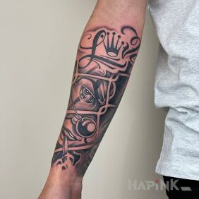Tattoo Chicano on the forearm motif: faces style: chicano