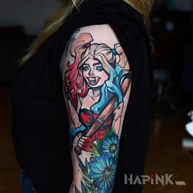 Tattoo Harley Quinn / Joker / Suicide Squad / Margot Robbie on the upper arm motif: faces style: Watercolor