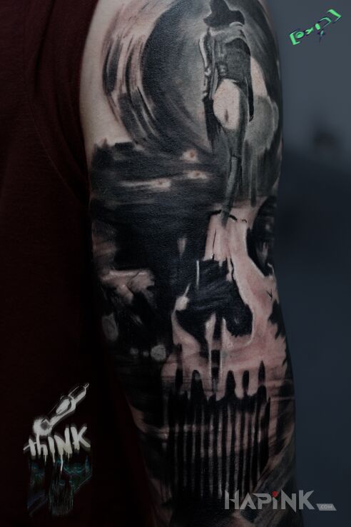 Tattoo No title in dark motif and abstract style On the arm