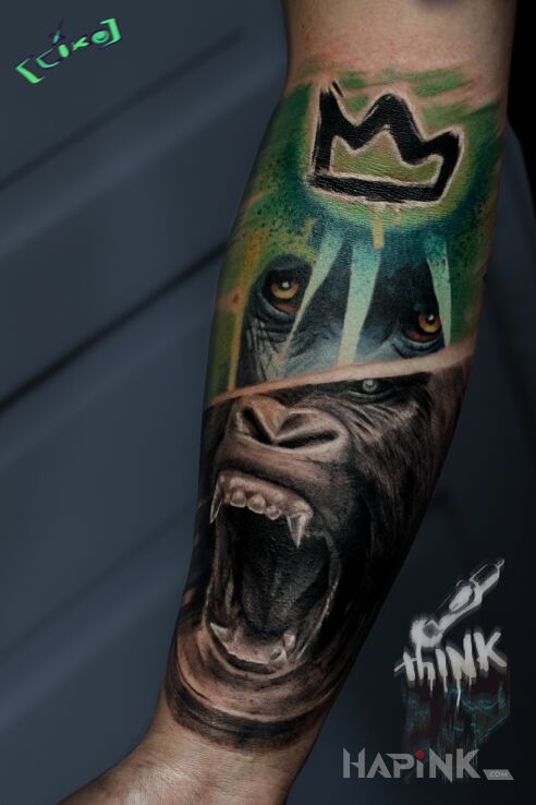 Tattoo King kong in animals motif and realistic style on the forearm